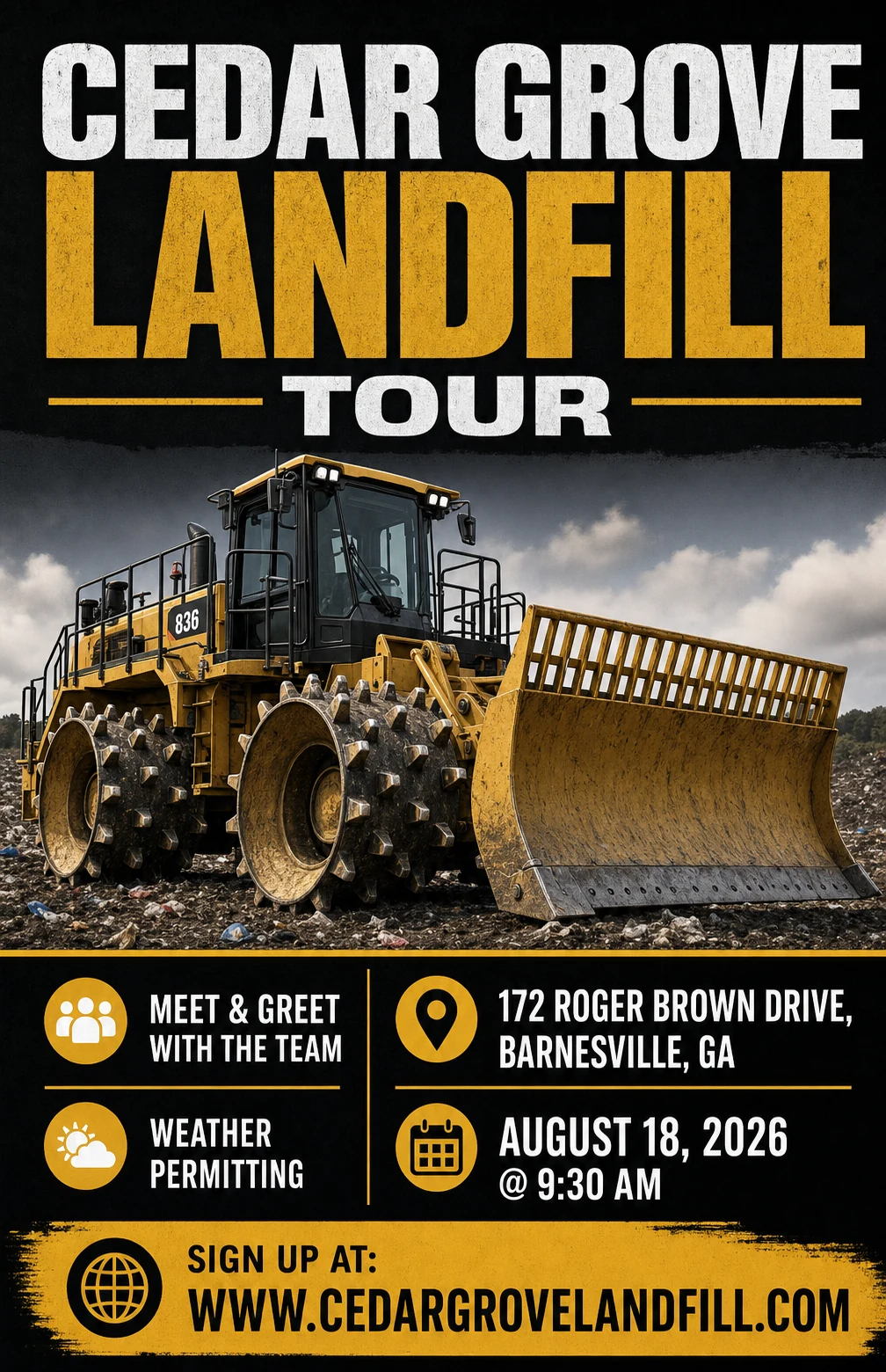 Cedar Grove Landfill Tour on August 18, 2026. Select to view tour times and register.